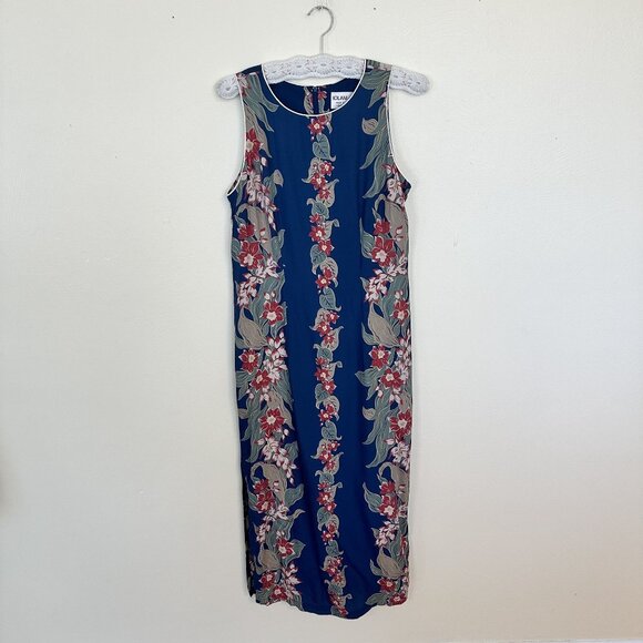 Vintage Iolani Hawaiian Womens Maxi Dress Medium Blue Floral Earth Tone Rayon - Picture 2 of 9